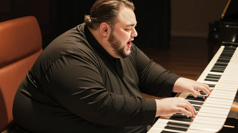 A fat man singing while playing the piano、Photorealistic