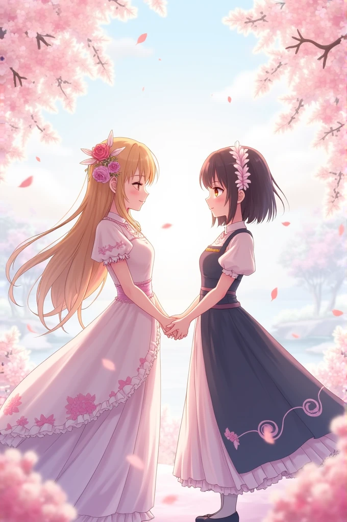 Yuuki de Princess Connect Re Dive (anime or game) along with Aoi from Kimetsu No Yaiba holding hands with a romantic theme