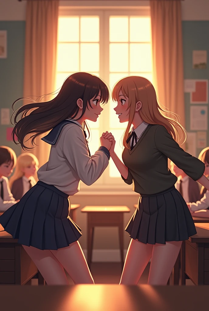 (photorealism:1.2), 2 girls clashing in a class wearing school uniform , one is front bangs cut long hair & the other is no bangs & attitude, , soft lighting, students in background, window with sunlight, cozy classroom, clashing pose, realistic, intricate details, warm colors, by Greg Rutkowski, by Alphonse Mucha chinese student age 19