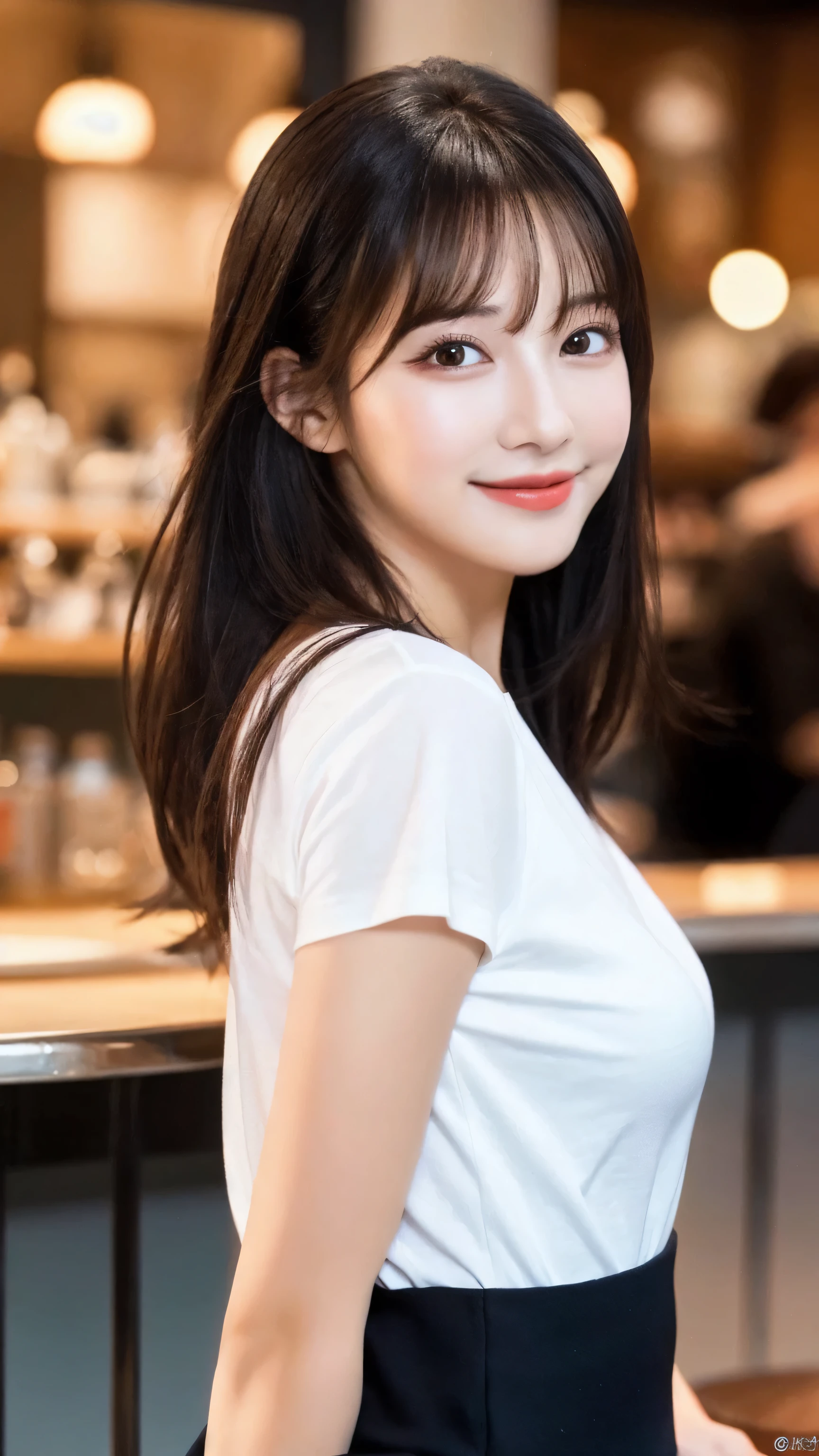 (8k, RAW Photo, Best Quality, Masterpiece:1.2), table top, Ultra Detail, Super Resolution, (Realistic, Realistic Photo:1.37), Portrait, High Detail RAW Color Photo, Professional Photo, Extremely Detailed and Beautiful, Extremely detailed, 8k wallpaper, amazing and detailed, huge file size, official art, highly detailed CG unity 8k wallpaper, highly detailed beautiful girl, highly detailed face, highly detailed eyes, highly detailed skin, highly detailed fingers, highly detailed nose, very detailed detailed mouth , perfect anatomy, highly detailed background, highly detailed clothes, 1girl, 1 girl, cute girl, realistic body, fair skin, glowing skin , slim body, handsome body, black hair , semilong hair, (blunt bangs:1.2), smile, cute, youthful, cute face, realistic face, delicate eyes, drooping eyes, looking at viewer, facing front, standing posture, Contraposto,  (medium chest), (Perfect Body Proportions), (slender Body Proportions), super sexy pose, (White T-shirt)), ((mini-skirt)), (authentic bar), (photo from behind),