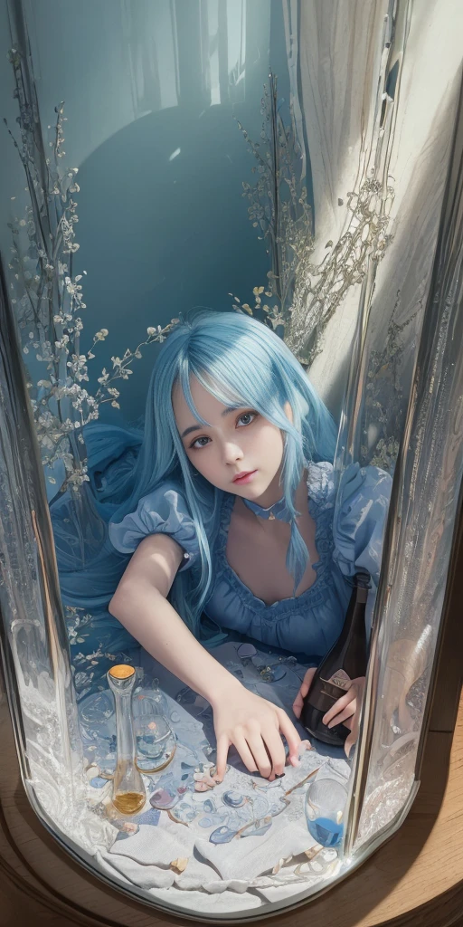 "Alice in Wonderland",a girl named "Alice",Alice from Wonderland glass bottle,Alice in the glass bottle,Alice trapped in a glass bottle,Alice shrinking in a glass bottle,glass material,thick glass,transparent glass,bottle reflection,bottle lighting,glass texture,glass refraction,miniature scene,fantasy world,sparkling glass,crystal-clear glass,pure glass,curved glass,bottle shape,bottle opening,bottle cap,sealed bottle,detailed face,Alice's dress in the bottle,Alice's hair in the bottle,Alice's accessories in the bottle,Alice's facial expression in the bottle,Alice's posture in the bottle,Alice looking out of the bottle,Alice reaching out inside the bottle,Alice's eyes and lips,Alice's detailed features,Alice in Wonderland style,Wonderland environment,Wonderland characters,Wonderland elements,Wonderland colors,Wonderland magic,enchanted atmosphere,fairy tale,storybook,universe inside the bottle,amazing perspective,Alice's journey,adventure,exploration,curiosity,Alice's escape from the bottle,bottle opening to another world,mesmerizing scene,glimpses of Wonderland,wonder and awe,breathtaking art,painting-like rendering,high-resolution masterpieces,ultra-realistic interpretation.