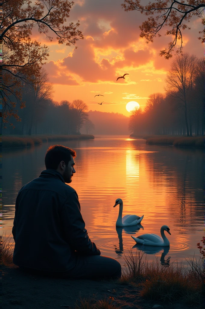 A guy sitting near the river side view looking sad in the sunset. Birds are returning to their house. Two swans are swimming, and the water is moving