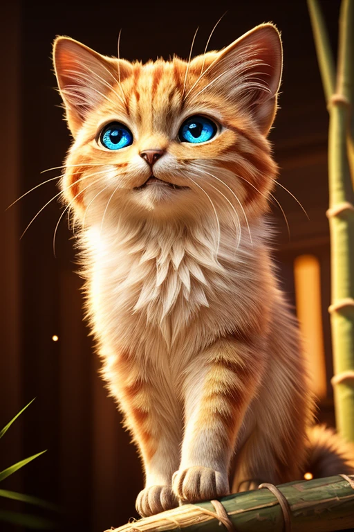 (Highest quality、masterpiece、8k))、Anatomically correct、Very detailed、High resolution、Cinema Lighting、Realistic、((beautiful, Sparkling, Detailed eyes))、Intricate details、((Dynamic configuration))、Bamboo forest in Kyoto、Cute kitten、Crafty Pose、mikeneko