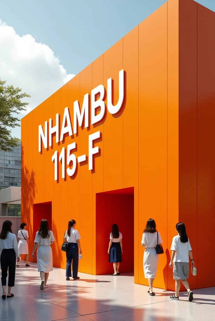 Orange wall public bathhouse, modern and brand new, with a sign written in capital letters “NHAMBU 115-F”, with women coming and going.