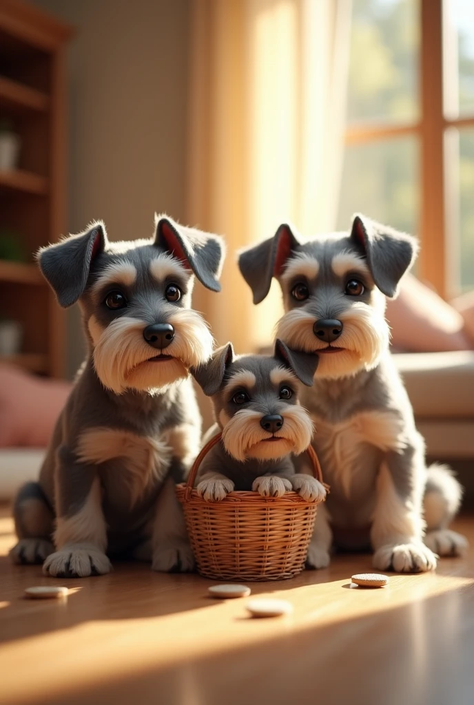 I need an image with 3 schnauzer dogs for the marketing advertising of a property rental business, the image must be tender, have the 3 complete animals, with warm colors, in a home environment and I will describe each animal with its characteristics, It is very important that the snauzer on the left has his ears up., stops, raised, They should not be drooping like the other two and the schnauzer on the right should be a lighter shade. 1.-Schnauzer on the left of the picture, It should be of medium size with raised ears., 2.-Schnauzer in the center of the image, It must be the smallest one, with semi-drooping ears and must carry in its snout a basket or soft bag with the keys to an apartment 3 visible.-Schnauzer on the right of the image, must be the tallest of the 3 animals, and must have its ears half-drooped, Additionally, it has to be lighter in color than the others., not too clear, just a little