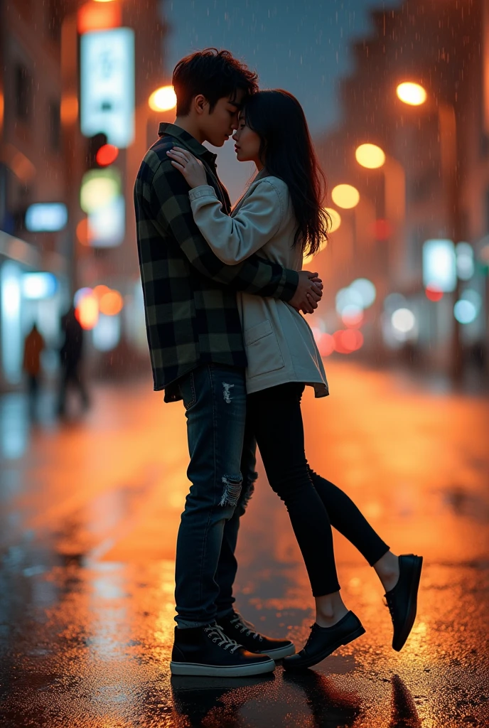 Photo taken from lowes angle. A striking and highly detailed image of a young Korean couple. The man carries the woman with both hands and the woman hugs the man romantically on the side of a busy night street. ( romantic lift hug ) full body photo. They see the viewer. The men wear flannel shirts, ripped black jeans with casual shoes, while the women wear stylish tunics and fitted black pants with no shoes. The city lights and traffic lights illuminated the surroundings, emitting a warm and inviting glow. Dramatic scene. Dramatic light. Rainy conditions. The couple's expressions convey deep connection and passion, as they share intimate moments in a dynamic urban setting. 