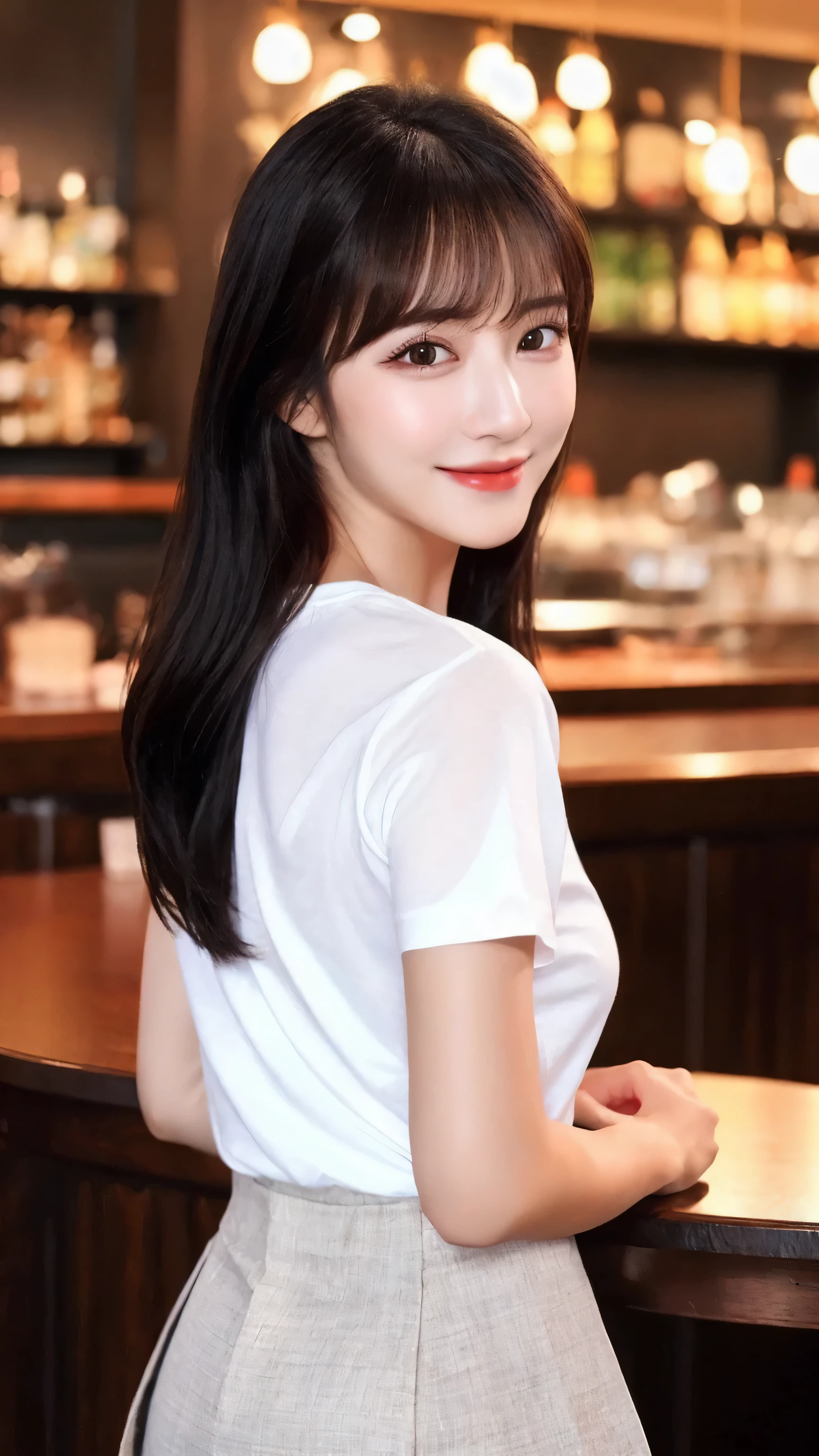 (8k, RAW Photo, Best Quality, Masterpiece:1.2), table top, Ultra Detail, Super Resolution, (Realistic, Realistic Photo:1.37), Portrait, High Detail RAW Color Photo, Professional Photo, Extremely Detailed and Beautiful, Extremely detailed, 8k wallpaper, amazing and detailed, huge file size, official art, highly detailed CG unity 8k wallpaper, highly detailed beautiful girl, highly detailed face, highly detailed eyes, highly detailed skin, highly detailed fingers, highly detailed nose, very detailed detailed mouth , perfect anatomy, highly detailed background, highly detailed clothes, 1girl, 1 girl, cute girl, realistic body, fair skin, glowing skin , slim body, handsome body, black hair , semilong hair, (blunt bangs:1.2), smile, cute, youthful, cute face, realistic face, delicate eyes, drooping eyes, looking at viewer, facing front, standing posture, Contraposto,  (medium chest), (Perfect Body Proportions), (slender Body Proportions), super sexy pose, (White T-shirt)), ((mini-skirt)), (authentic bar), (photo from behind),