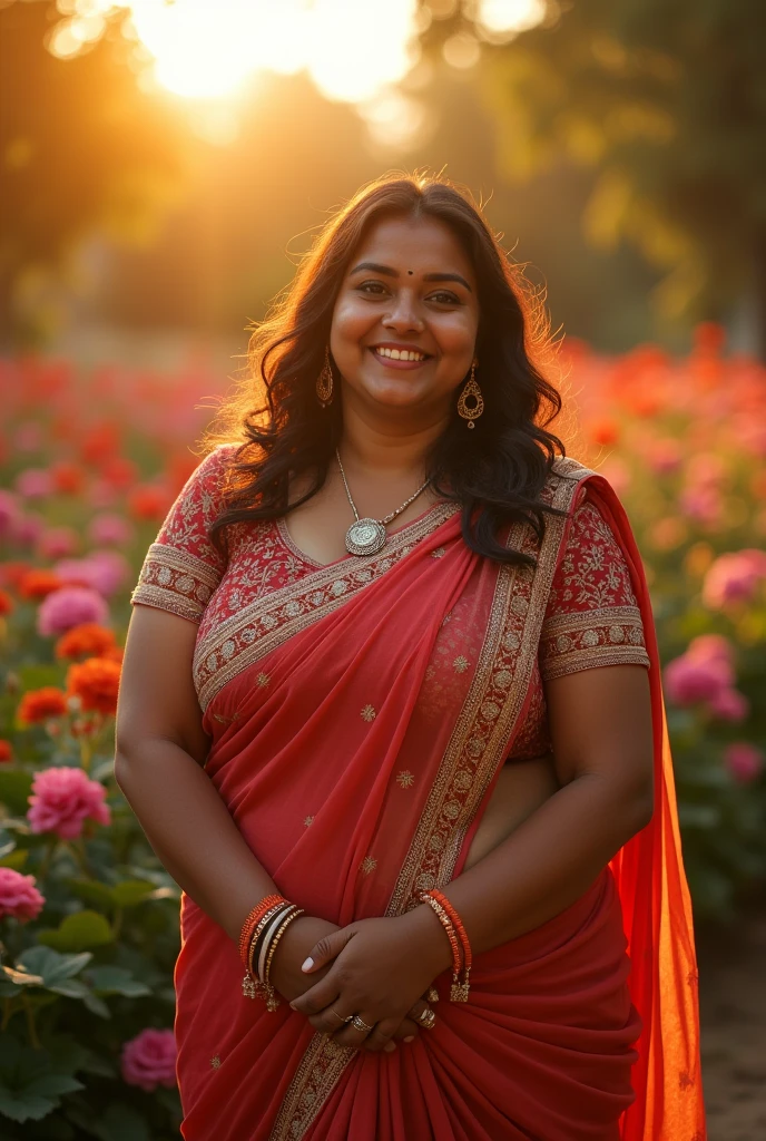 a very short and chubby curvy smiling Indian girl with huge saggy mature breasts wearing trendy gorgeous intricate traditional saree and embroidered lacey blouse without bra at a flower garden during golden hour, warm backlit dreamlike atmosphere, soft cinematic focus, anamorphic lens flares, masterpiece, by Zack Snyder,
