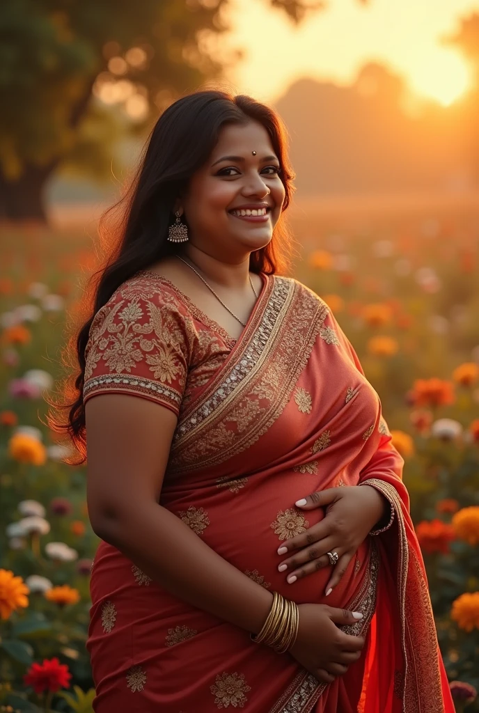 a very short and chubby curvy smiling Indian girl with huge saggy mature breasts wearing trendy gorgeous intricate traditional saree and embroidered lacey blouse without bra at a flower garden during golden hour, warm backlit dreamlike atmosphere, soft cinematic focus, anamorphic lens flares, masterpiece, by Zack Snyder,