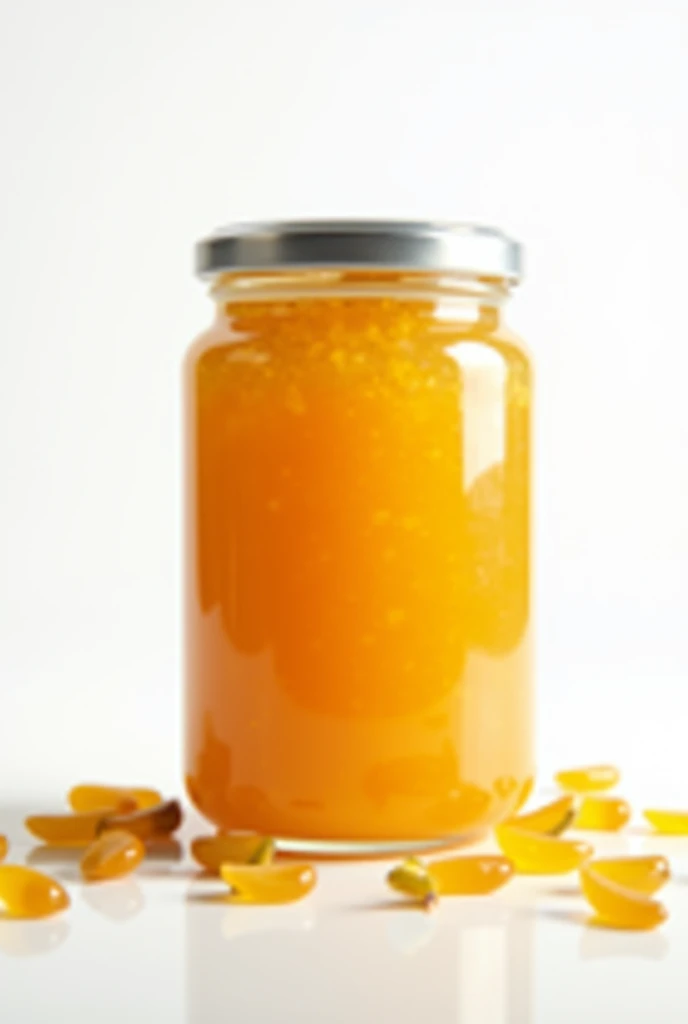 Create a 500g glass jar containing passion fruit jam, with a white background as if I were in a photography studio for a product photo shoot, no label, that the background contains the passion fruit