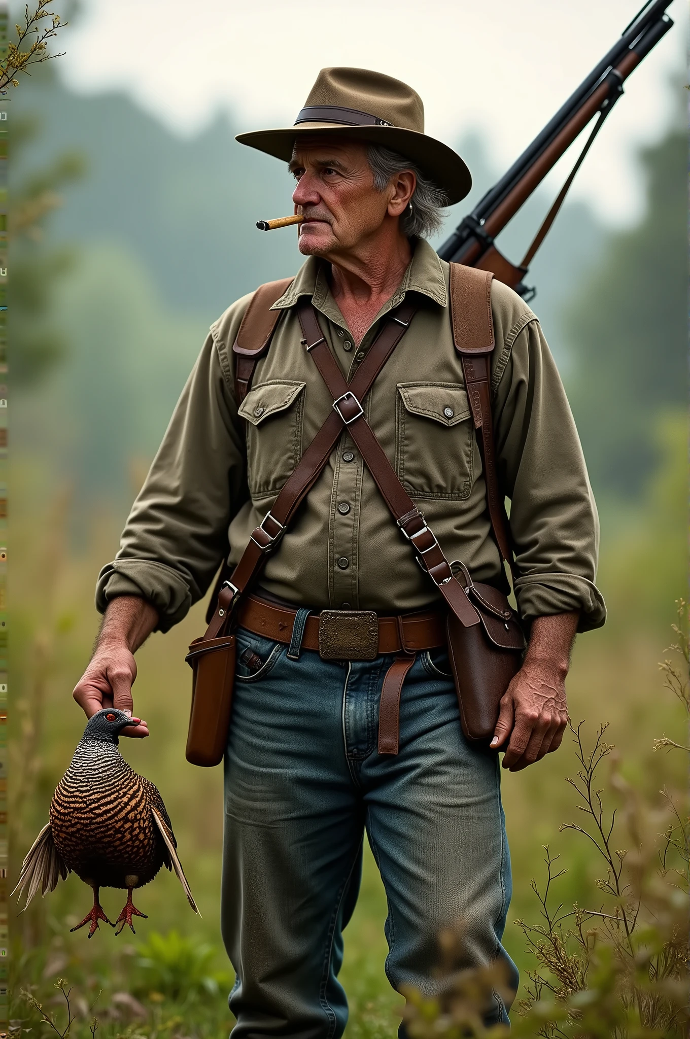 Picture of a hunter carrying a shotgun, holding a pheasant in his right hand, wearing jeans, a cap, and smoking a cigarette.