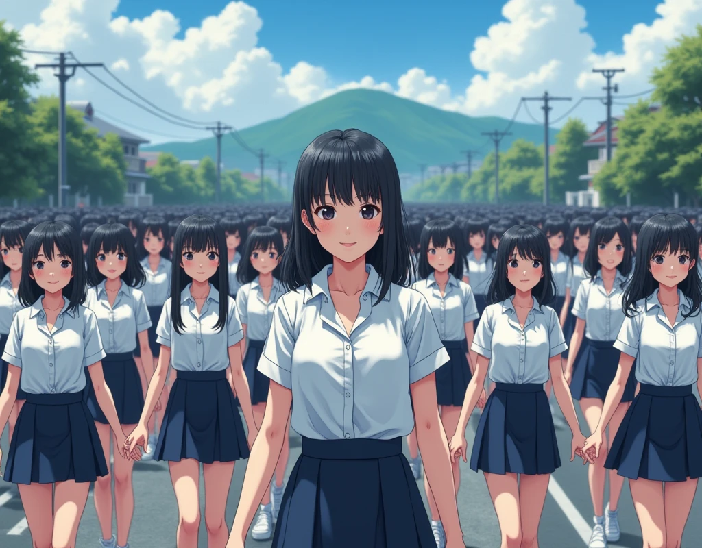 (((((Japanese Clone-girls=Myself))))), (((Super Best masterpiece Clone-girls Raw Photography Art))), (((16K, Highest quality, Ultra-high resolution, RAW Photos))), (((It's so unrealistic., With unparalleled depiction, With an unfathomable sight, An unprecedented and shocking worldview, Clone-girls: In a world of mass reproduction, Ultra-realistic))), (((Japanese Girls, Saito-Asuka, 26yo, Small face, Thick black hair, Semi-long hair, Dark Eyes, Mature face, Cute Smile, Smiling face, A gentle gaze, (((Very happy laughter)))))), (((Very beautiful detailed girls, Accurate body structure, Accurate body movements, Very detailed body, (((Super big breasts, Large bulge of ample breasts)))))), (((Summer office casual wear, White short-sleeved shirt, I can see the cleavage, Emphasise the fullness of your breasts, Dark blue mini skirt))), ((((((((Very detailed, Myself cloning, Depiction of splitting oneself, 1Myself girl→1,000,000,000,000,000,000,000,000,000,000Myself cloning girls)))))))), (((((((Myself clone-girlsから, Myself keeps multiplying, (Very detailed and intricate, To the exact, Flawless, (((In the same female body,With the same face, With the same hairstyle, In the same clothes, At the same height, 同じSuper big breastsである))), In a detailed depiction), 1,000,000,000,000,000,000,000,000,000,000 people))))))), (((((Myself girls only))))), (((((1,000,000,000,000,000,000,000,000,000,000Myself girls))))), (((Very detailed, Extremely crowded, Body-to-body contact with no gaps))), (Bright and soft lighting), (((((Clear and accurate perspective depiction, super wide view, Ultra-wide field of view, Focus on the average value of the image))))), (((((Very detailed depiction, Multiple or more Myselves, Physical contact, Pleasant conversation, Holding hands, Hug, walk))))), At an intersection where a big hill in the suburbs can be seen, Multiple groups of Myself crowds merge with each other from the left and right, Myself clone-girls' clone proliferation continues々And so it continues, filling the horizon