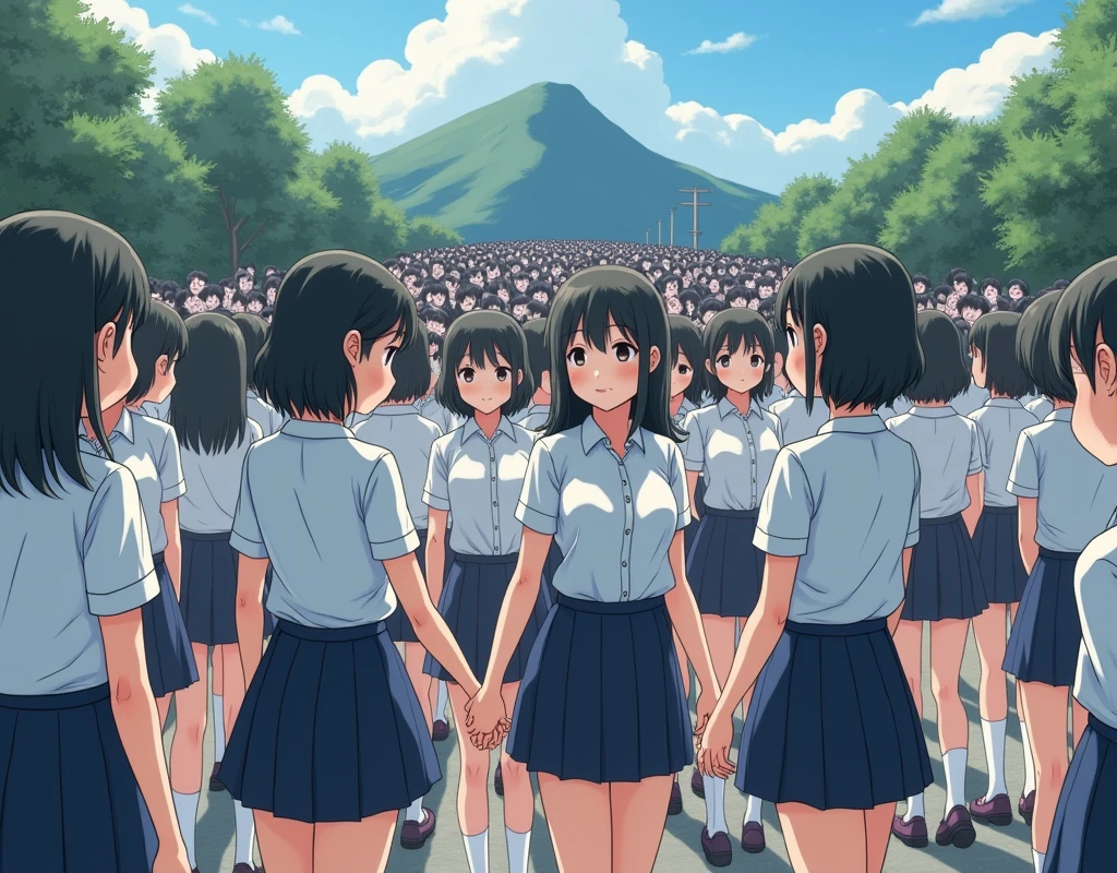 (((((Japanese Clone-girls=Myself))))), (((Super Best masterpiece Clone-girls Raw Photography Art))), (((16K, Highest quality, Ultra-high resolution, RAW Photos))), (((It's so unrealistic., With unparalleled depiction, With an unfathomable sight, An unprecedented and shocking worldview, Clone-girls: In a world of mass reproduction, Ultra-realistic))), (((Japanese Girls, Saito-Asuka, 26yo, Small face, Thick black hair, Semi-long hair, Dark Eyes, Mature face, Cute Smile, Smiling face, A gentle gaze, (((Very happy laughter)))))), (((Very beautiful detailed girls, Accurate body structure, Accurate body movements, Very detailed body, (((Super big breasts, Large bulge of ample breasts)))))), (((Summer office casual wear, White short-sleeved shirt, I can see the cleavage, Emphasise the fullness of your breasts, Dark blue mini skirt))), ((((((((Very detailed, Myself cloning, Depiction of splitting oneself, 1Myself girl→1,000,000,000,000,000,000,000,000,000,000Myself cloning girls)))))))), (((((((Myself clone-girlsから, Myself keeps multiplying, (Very detailed and intricate, To the exact, Flawless, (((In the same female body,With the same face, With the same hairstyle, In the same clothes, At the same height, 同じSuper big breastsである))), In a detailed depiction), 1,000,000,000,000,000,000,000,000,000,000 people))))))), (((((Myself girls only))))), (((((1,000,000,000,000,000,000,000,000,000,000Myself girls))))), (((Very detailed, Extremely crowded, Body-to-body contact with no gaps))), (Bright and soft lighting), (((((Clear and accurate perspective depiction, super wide view, Ultra-wide field of view, Focus on the average value of the image))))), (((((Very detailed depiction, Multiple or more Myselves, Physical contact, Pleasant conversation, Holding hands, Hug, walk))))), At an intersection where a big hill in the suburbs can be seen, Multiple groups of Myself crowds merge with each other from the left and right, Myself clone-girls' clone proliferation continues々And so it continues, filling the horizon