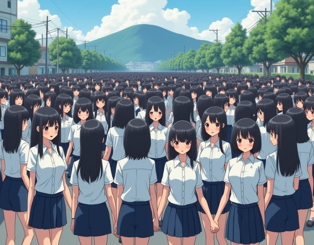 (((((Japanese Clone-girls=Myself))))), (((Super Best masterpiece Clone-girls Raw Photography Art))), (((16K, Highest quality, Ultra-high resolution, RAW Photos))), (((It's so unrealistic., With unparalleled depiction, With an unfathomable sight, An unprecedented and shocking worldview, Clone-girls: In a world of mass reproduction, Ultra-realistic))), (((Japanese Girls, Saito-Asuka, 26yo, Small face, Thick black hair, Semi-long hair, Dark Eyes, Mature face, Cute Smile, Smiling face, A gentle gaze, (((Very happy laughter)))))), (((Very beautiful detailed girls, Accurate body structure, Accurate body movements, Very detailed body, (((Super big breasts, Large bulge of ample breasts)))))), (((Summer office casual wear, White short-sleeved shirt, I can see the cleavage, Emphasise the fullness of your breasts, Dark blue mini skirt))), ((((((((Very detailed, Myself cloning, Depiction of splitting oneself, 1Myself girl→1,000,000,000,000,000,000,000,000,000,000Myself cloning girls)))))))), (((((((Myself clone-girlsから, Myself keeps multiplying, (Very detailed and intricate, To the exact, Flawless, (((In the same female body,With the same face, With the same hairstyle, In the same clothes, At the same height, 同じSuper big breastsである))), In a detailed depiction), 1,000,000,000,000,000,000,000,000,000,000 people))))))), (((((Myself girls only))))), (((((1,000,000,000,000,000,000,000,000,000,000Myself girls))))), (((Very detailed, Extremely crowded, Body-to-body contact with no gaps))), (Bright and soft lighting), (((((Clear and accurate perspective depiction, super wide view, Ultra-wide field of view, Focus on the average value of the image))))), (((((Very detailed depiction, Multiple or more Myselves, Physical contact, Pleasant conversation, Holding hands, Hug, walk))))), At an intersection where a big hill in the suburbs can be seen, Multiple groups of Myself crowds merge with each other from the left and right, Myself clone-girls' clone proliferation continues々And so it continues, filling the horizon