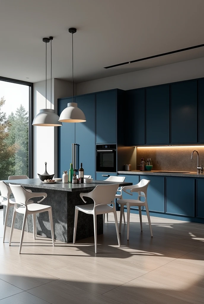 Professional 3d architecture rendering design of modern and minimal kitchen with dark vintage blue cabinets and modern windows and dark gray marble slab stone island and white modern chairs