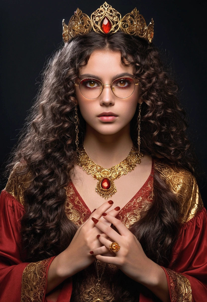 Dark brown long hair fluffy and curly, amber colored eyes, Swarthy girl, Clean-shaven face, red blouse with wide sleeves and gold patterns translucent, naked, without underwear, стилистика dark fantasy. gold jewelry, rings, glasses with dark lenses. cunning. On a dark mystical background. photorealistic.
