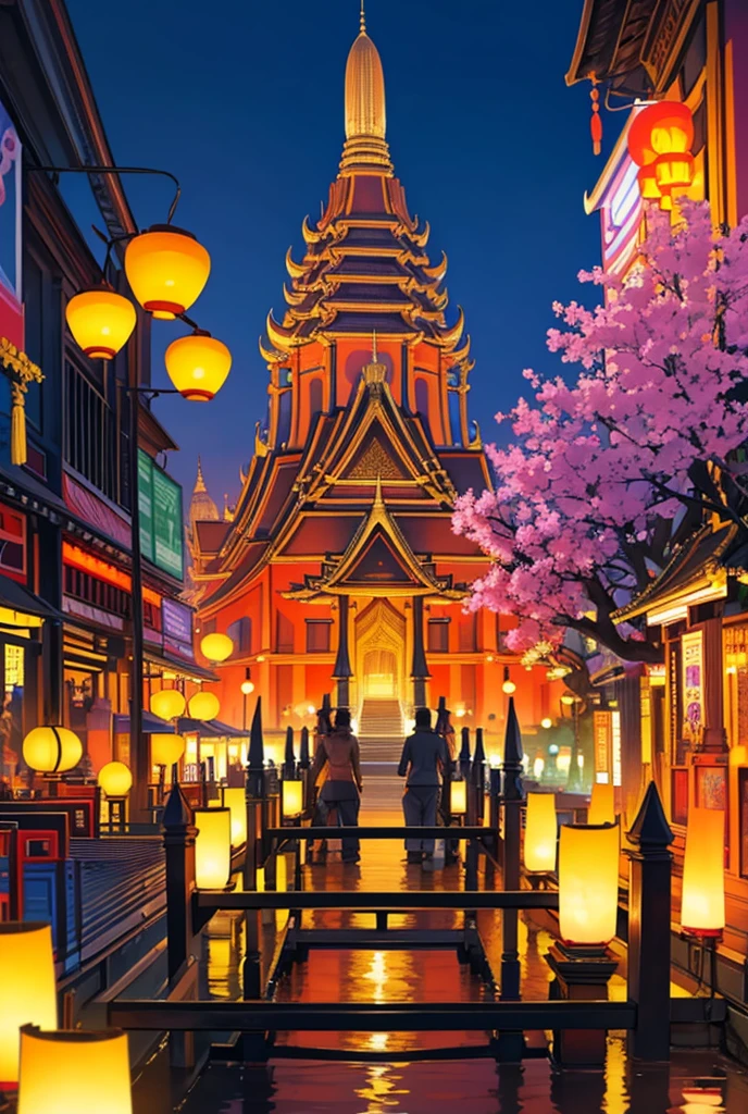 
"Design a vibrant and realistic 3D logo featuring iconic elements of Bangkok, such as the Grand Palace, Wat Arun, and the Chao Phraya River. The logo should have a colorful and modern aesthetic with intricate details, highlighting the cultural and architectural beauty of the city. The large, bold text 'BANGKOK' should be prominently displayed, with the word 'THAILAND' beneath it in a smaller font. The design should include dynamic elements like floating lanterns, tuk-tuks on the river, and bright, vivid colors to emphasize the lively atmosphere of Bangkok. The overall composition should be rich in detail and reflective of the city's vibrant culture and energy."