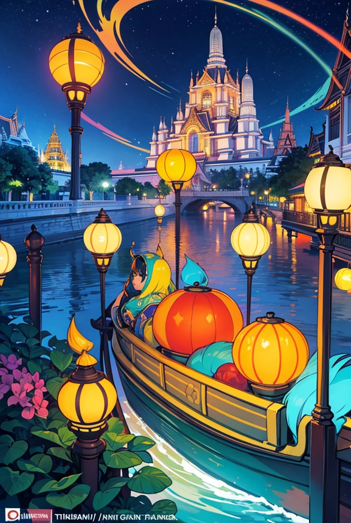 "Design a vibrant and realistic 3D logo featuring iconic elements of Bangkok, such as the Grand Palace, Wat Arun, and the Chao Phraya River. The logo should have a colorful and modern aesthetic with intricate details, highlighting the cultural and architectural beauty of the city. The large, bold text 'BANGKOK' should be prominently displayed, with the word 'THAILAND' beneath it in a smaller font. The design should include dynamic elements like floating lanterns, tuk-tuks on the river, and bright, vivid colors to emphasize the lively atmosphere of Bangkok. The overall composition should be rich in detail and reflective of the city's vibrant culture and energy."