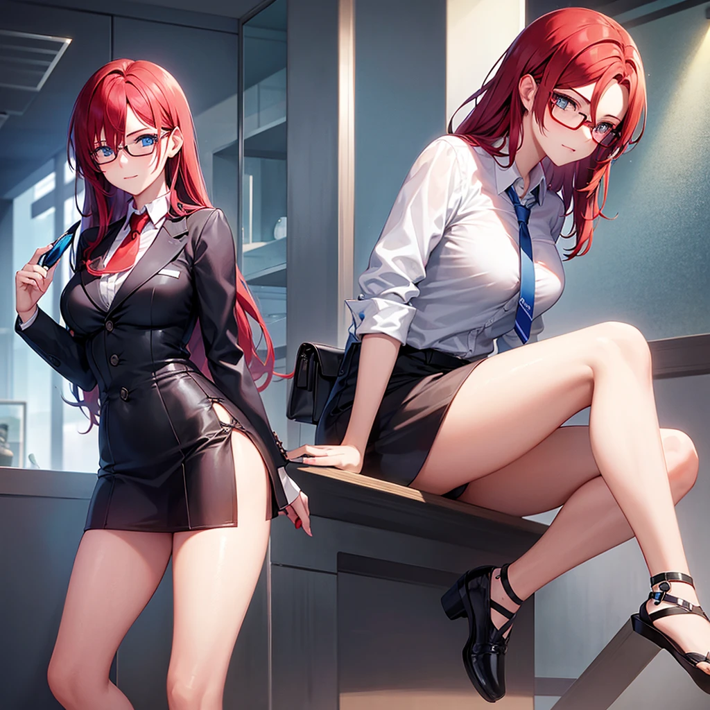 Girl with blue eyes and red hair beautiful with glasses