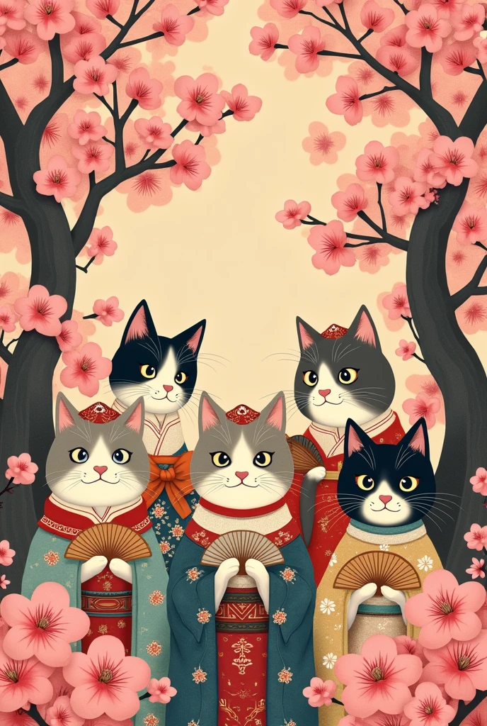 Retro Japanese cats sakuras poster
