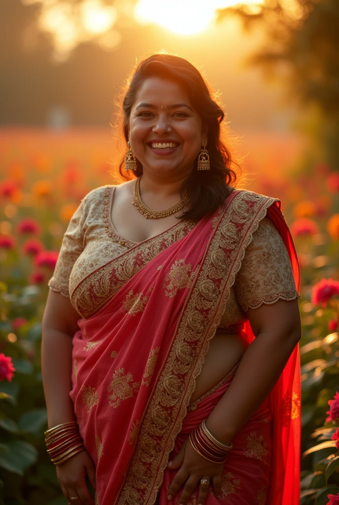 a very short and chubby curvy smiling Indian girl with huge saggy mature breasts wearing trendy gorgeous intricate traditional saree and embroidered lacey blouse without bra at a flower garden during golden hour, warm backlit dreamlike atmosphere, soft cinematic focus, anamorphic lens flares, masterpiece, by Zack Snyder,
