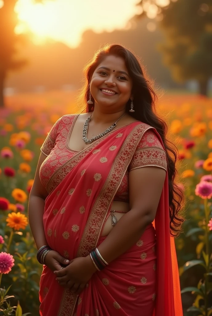 a very short and chubby curvy smiling Indian girl with huge saggy mature breasts wearing trendy gorgeous intricate traditional saree and embroidered lacey blouse without bra at a flower garden during golden hour, warm backlit dreamlike atmosphere, soft cinematic focus, anamorphic lens flares, masterpiece, by Zack Snyder,