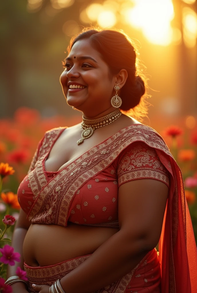 a very short and chubby curvy smiling Indian girl with huge saggy mature breasts wearing trendy gorgeous intricate traditional saree and embroidered lacey blouse without bra at a flower garden during golden hour, warm backlit dreamlike atmosphere, soft cinematic focus, anamorphic lens flares, masterpiece, by Zack Snyder,