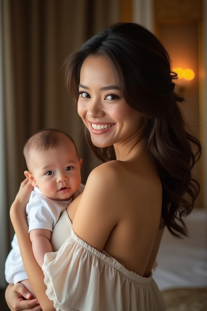 (Highest quality、Tabletop、8k、Best image quality、Award-winning works)、(Beautiful mother holding her baby:1.1)、(Big Breasts:1.5)、Accentuate your body lines、Ultra HD Hair、Ultra high resolution perfect beautiful teeth、The most beautiful smile is looking at me、Ultra-high definition beauty face、Ultra HD Hair、Ultra HD Shining Eyes、Shining ultra-high definition white skin、Super high quality glossy lip、(Accurate anatomy:1.2)、(Extremely blurred luxury hotel bedroom background:1.1)、(Strongly blurred background:1.1)、Luxury wall decor、Luxury Interior、(Royal VIP bedroom in the finest hotel:1.2)、(Moody and luxurious lighting:1.1)