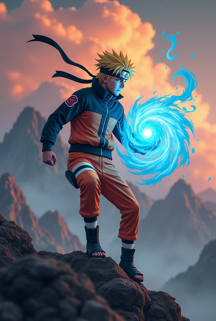 Naruto stand on mountain with cool look with rasengan to attack on his enemy 