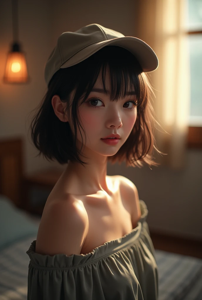 Off-the-shoulder bob cut、Realistic photo of a man wearing a cap Japanese beauty in the room