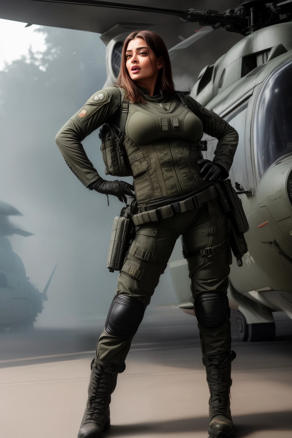 Full body photo of 50YO MATURE MILF AISHWARYA RAI as BIMBO ARMY COMMANDO, ((BLACK ARMY GEAR, COMBAT BOOTS, COMBAT GLOVES, KNEEPADS)), CAMO PLATE CARRIER RIG, intricate details, SEDUCTIVE POSING next to army helicopter, ((MOCKING LAUGH)), BOB CUT HAIR, day scene, mature hourglass figure, look straight at camera, sexy 50 yo mature MILF, soft volumetric lights, intricate details, (ArtStation:1.2)