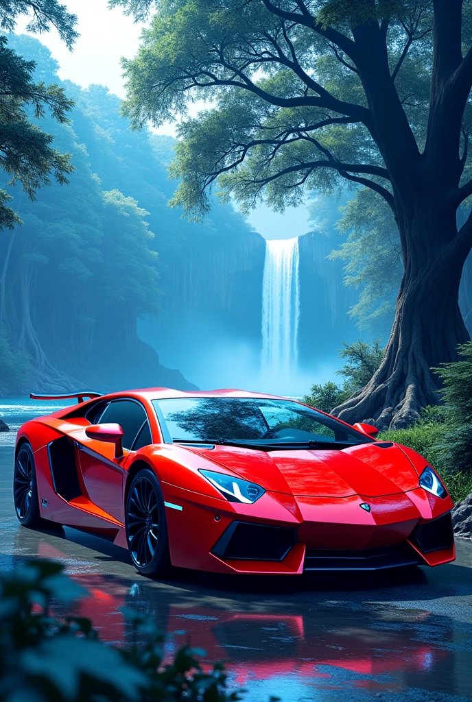 A red car with blue tree and with water fall 

