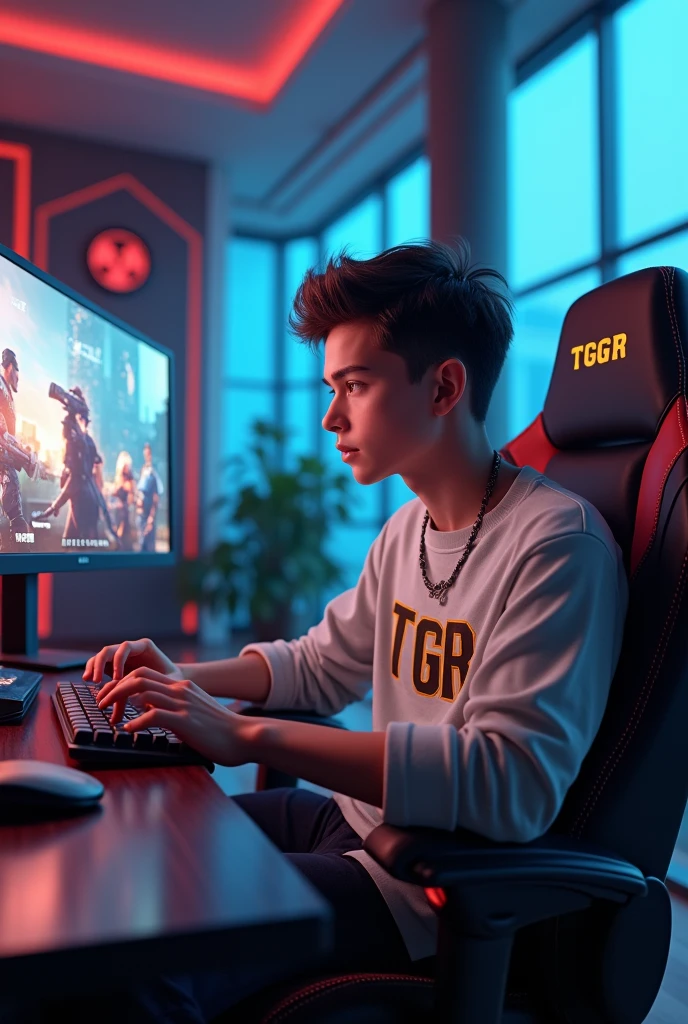 créer une image réaliste, un beau garçon de 18 ans, portant des vêtements élégants, assis sur une chaise de jeu, jouant au jeu Freefire sur PC dans un centre de jeu de luxe, le nom « TGR» écrit sur la chemise, toute la pièce est décorée comme un amateur de jeux Freefire. Images holographiques
