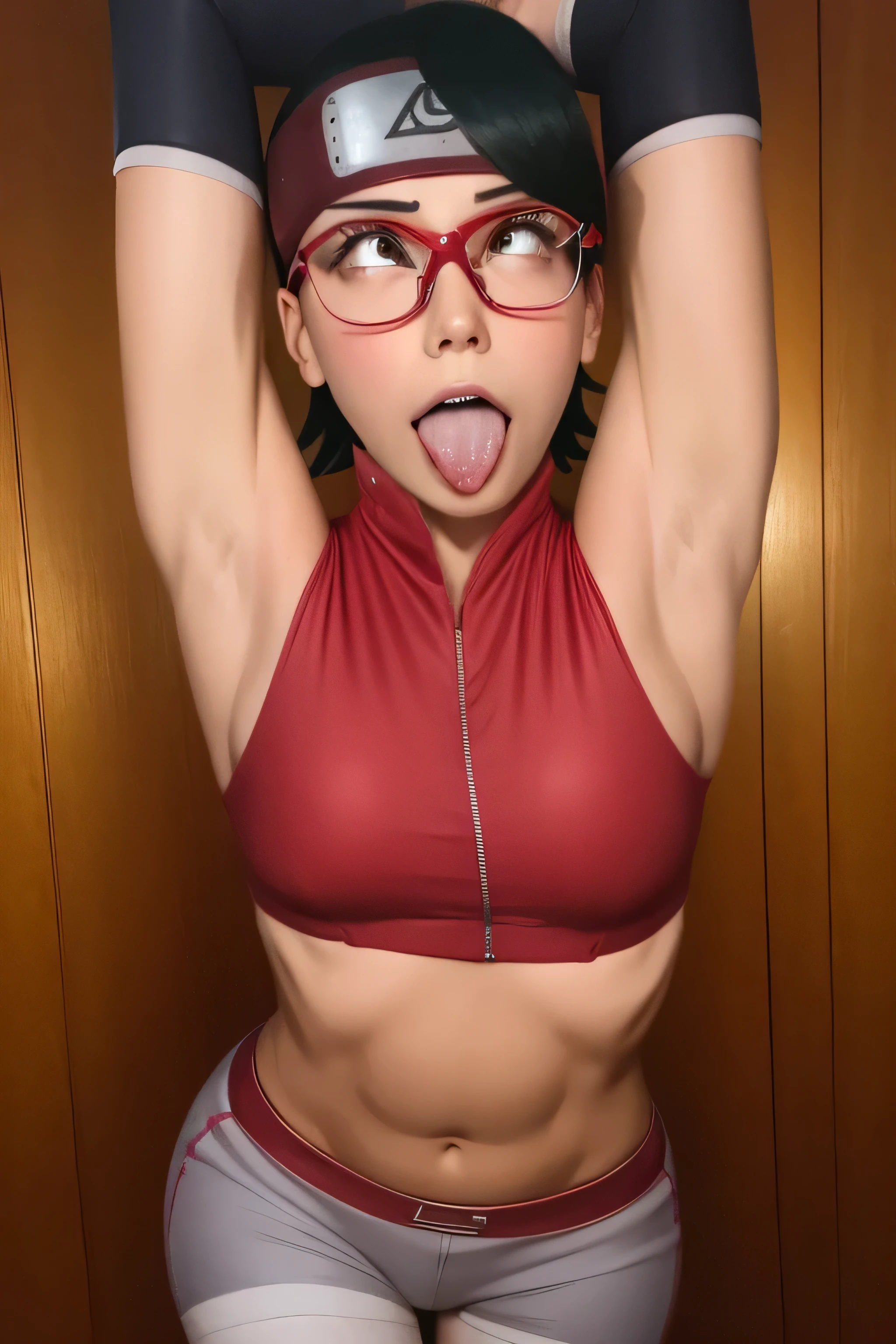 1 girl, standing, beautiful Sarada Uchiha, 1, Cups, Black thighs, arm warmers, forehead protector, shorts, short hair, big chest, wearing glasses, small hips, big ass, medium breasts,capture anime screen, Sarada is 1, mature appearance,armpits,sweat,sweaty,sweaty armpits,arms up,showing armpits,awesome armpits,outfit, red arm warmers,maroon arm bands,red arm warmers