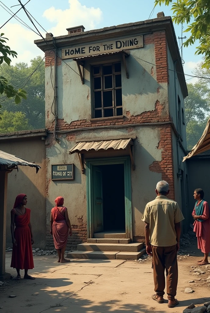 "The exterior of a modest, old building in Calcutta, India, labeled 'Home for the Dying'. The building should look aged and worn, with people standing or walking nearby, depicting a sense of poverty and hardship."