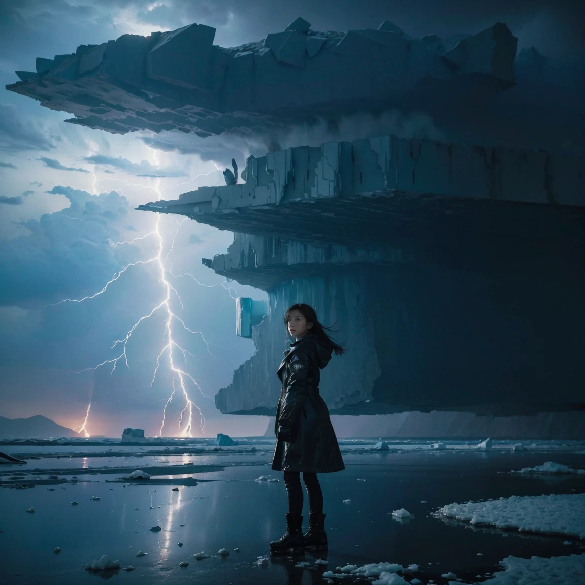 ((Top Quality)), ((Masterpiece)), ((Details)), upper body, ((close-up: 1.2)), More Saturation, strong reflections, bright shade, Place the girl in the foreground at large, Ice - ((Ruins)) - ((Lightning)) - Girl, A desolate, icy landscape with ruins scattered across the terrain. A young girl stands alone, her figure small against the vast backdrop, as a powerful lightning bolt strikes the ground, illuminating the scene with a cold, electric light.