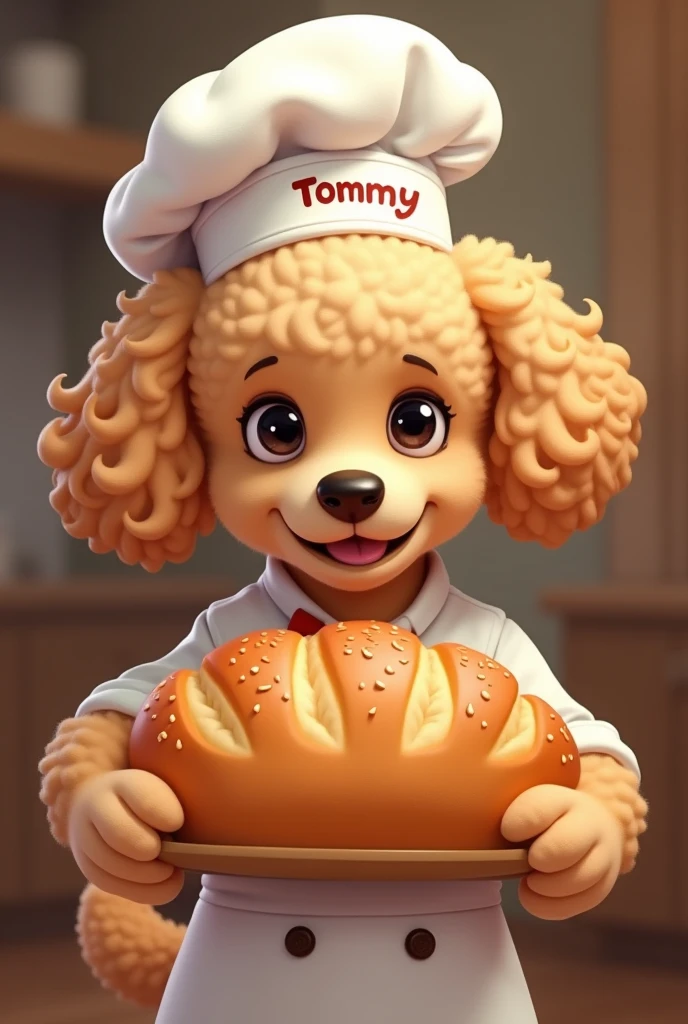 Beige and brown poodle breed puppy, with lock,black eyes,with chef uniform,with name Tommy on the cap,offering a large loaf of bread, looking straight ahead, all in cartoon style with a blurred brown background 