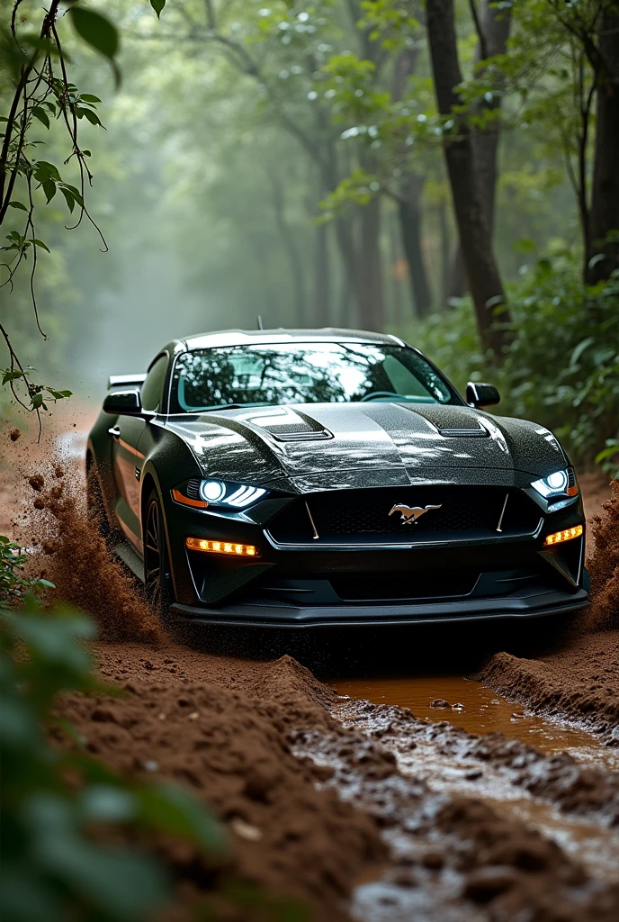 "Capture a high-intensity scene of a black Mustang GT with a Shelby kit navigating through a rugged off-road track in a dense jungle. The car should be kicking up mud and leaves as it powers through the challenging terrain, showcasing its muscular design and off-road capabilities. The dense green foliage and tangled vines of the jungle should create a dramatic backdrop, emphasizing the contrast between the sleek, aggressive car and the untamed wilderness."