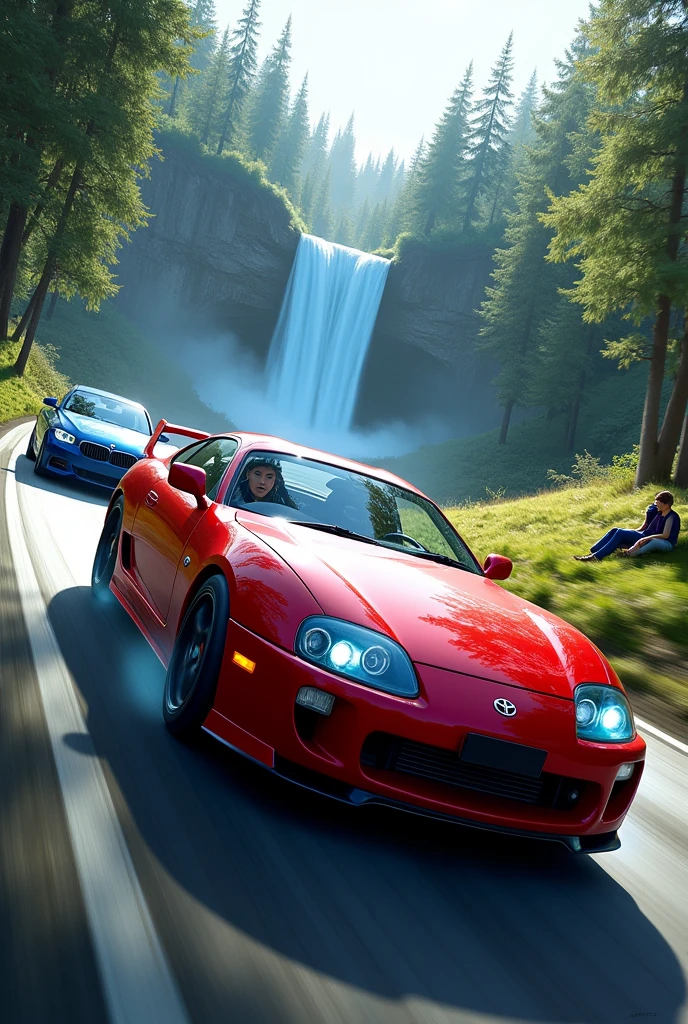 A man driving in a red supra car raceing with a woman blue bmw car a blue waterfalls a man and a woman enjoying the rees