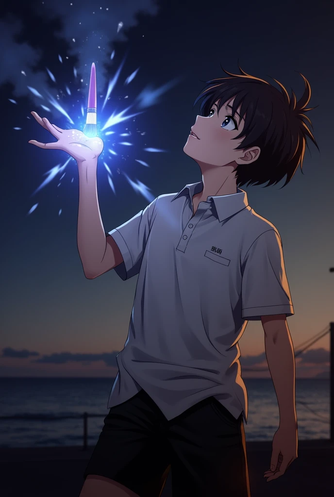 “japanese highschool boy”, “looking up at sky”, “holding paint brush, “painting sky”, “white polo shirt”, “by the ocean”, “night time”, “light shining from brush”, “sparkles exploding from brush”, “warm and cold”, “paint strokes exploding from brush”, “wind blowing strong at boy’s hair”, “wind from brush”