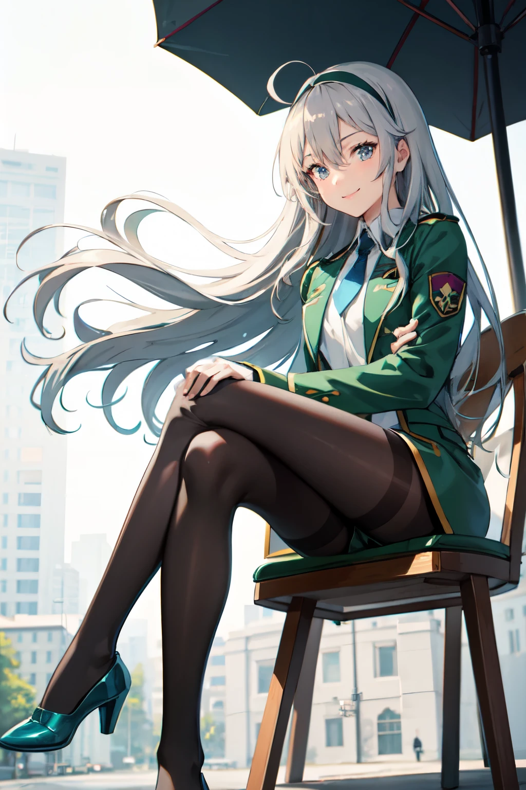 masterpiece, Highest quality, High resolution, Urine 1, One person, Myolin Remblanc, Astichia's uniform, alone, Long Hair, Grey Eyes, Grey Hair, Ahoge, Seamed legwear, Green shorts, tie, bangs, Hair between the eyes, Black Pantyhose, Long sleeve, Green jacket, Floating Hair, red tie, Outdoor, Chair, Sitting, Crossing your legs, smile, (Gundam:1.2),,
