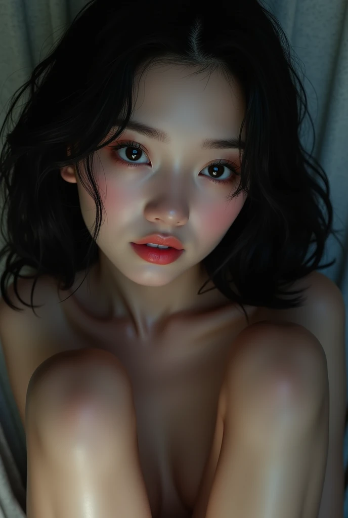 Beautiful girl with realistic black eyes, Pale skin, Medium-long black hair, Perfect face, Perfect eyes, Highly detailed, comprehensive cinematic, Digital painting, 8K, Cinematic lighting, Best quality, A high resolution, detailed work, Post-processing, Perfect results, Ultra-realistic open legs,Smile right at the camera