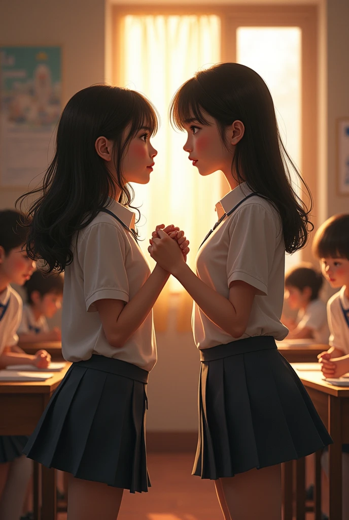 (photorealism:1.2), 2 girls bullying in a class wearing school uniform , one is front bangs cut long hair & the other is no bangs & attitude, , soft lighting, students in background, window with sunlight, cozy classroom, clashing pose, realistic, intricate details, warm colors, by Greg Rutkowski, by Alphonse Mucha chinese student age 19