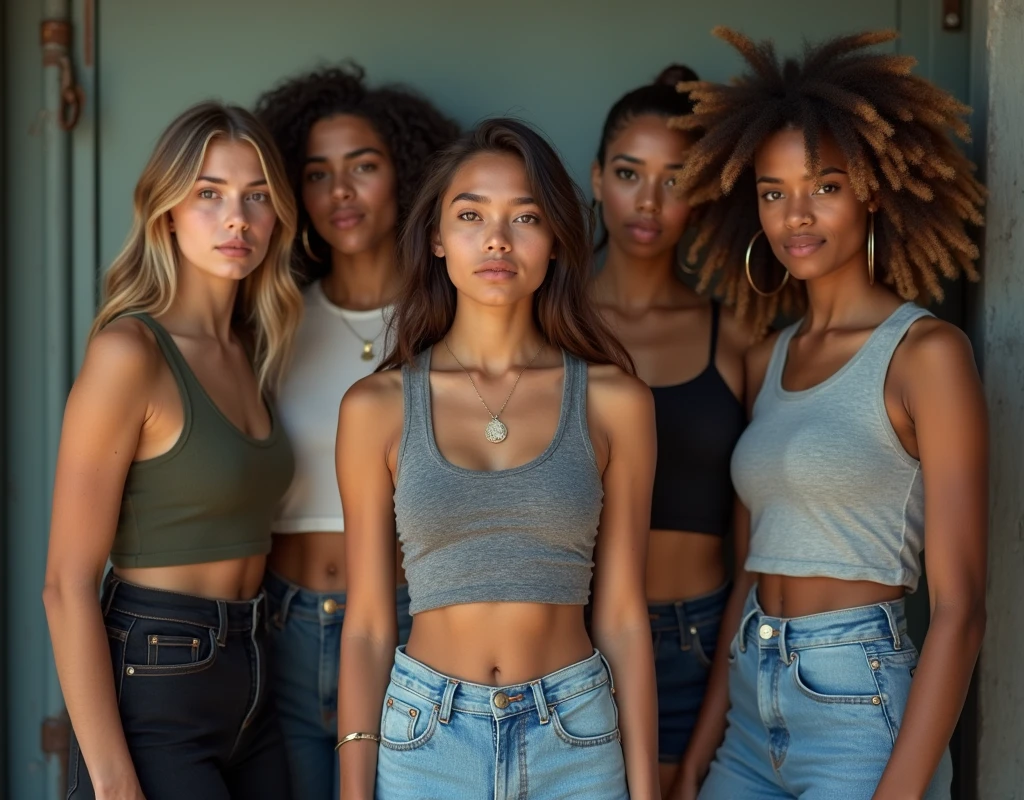 Photo of a teenage girl in skater fashion and her male and female friends. Everyone is wearing a tank top. It&#39;s a cool and stylish image.