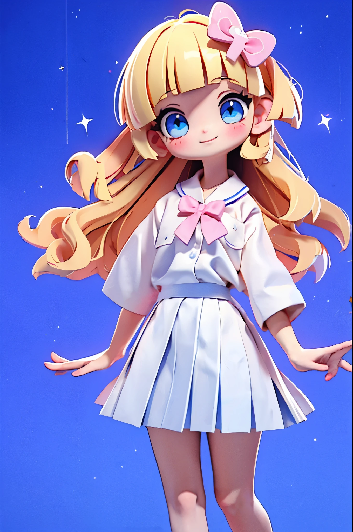 high resolution,smile,laugh,woman,woman1人,adult,Clear,cute,
((from front)),
((chibi)),
((peace sign)),
Sparkling eyes,
blunt bangs,wavy hair,Blonde Hair,BREAK,
Light blue eyes,BREAK,
high school girl,uniform,BREAK,
White shirt,BREAK,Pink checkered mini pleated skirt,BREAK,
White socks,White sneakers,BREAK,
Star Hairpin,BREAK,
Facing forward,BREAK,Light blue background,
