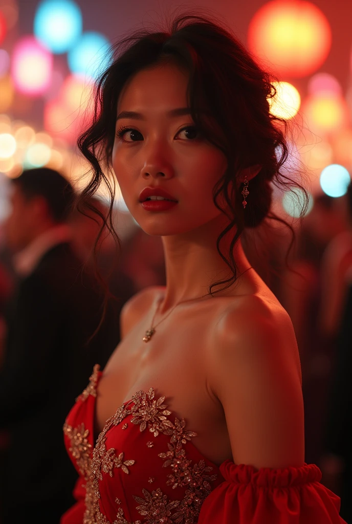 masterpiece photo, full body, japanese young gilr, detailed face, model shot, curly hair, wearing dress, perfect skin, realistic, surprise, background night party