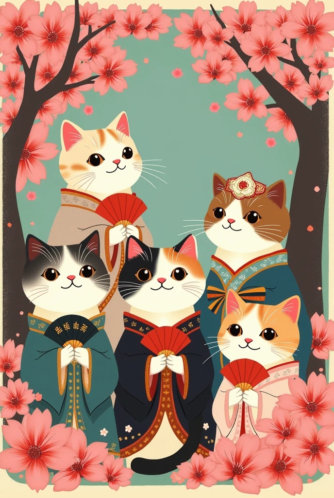 Retro Japanese cats sakuras poster