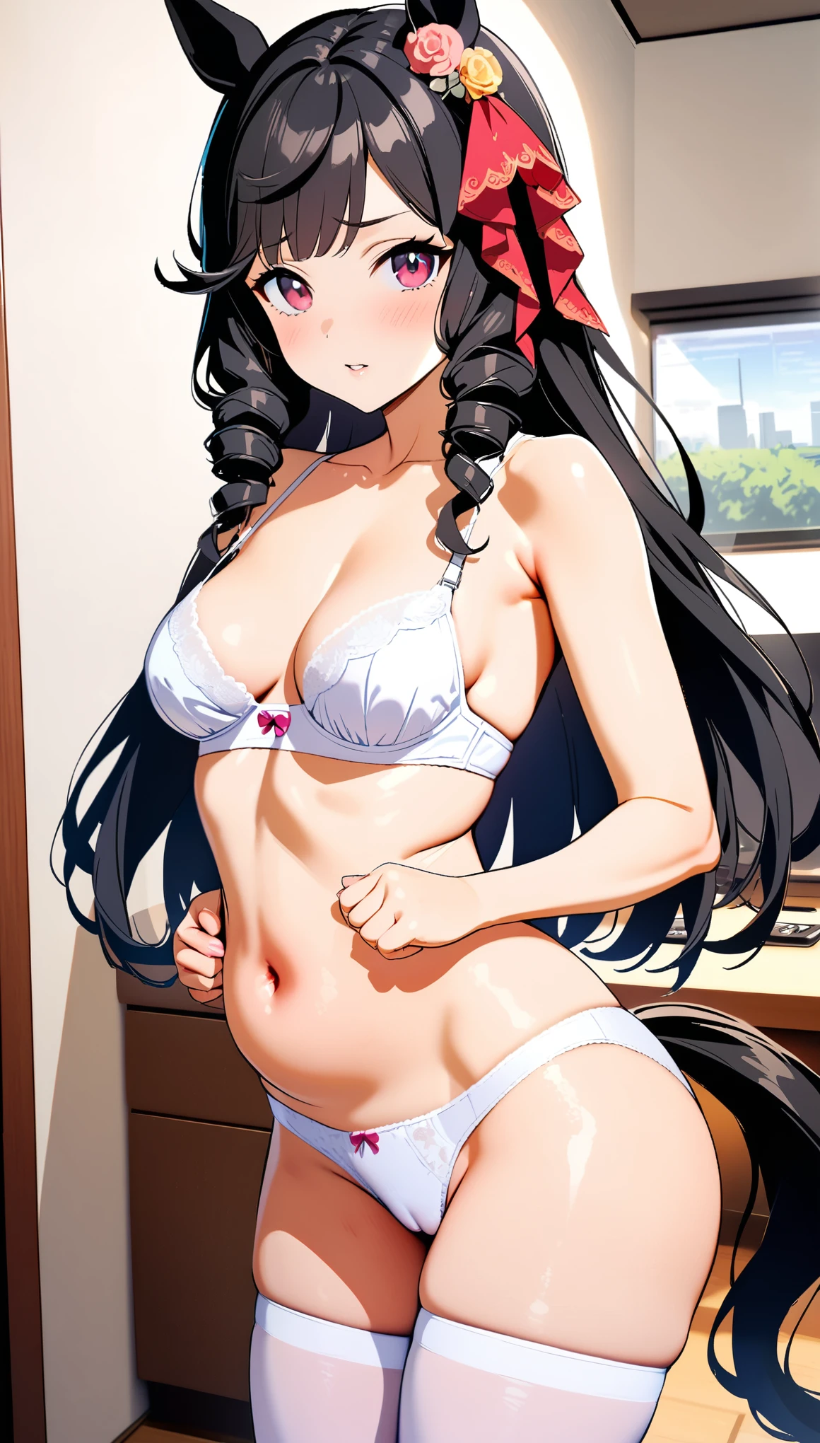 [[One person, Daiichi Ruby, \(umamusume\), umamusume]], Beautiful attention to detail, Close one eye, ((indoor, office, living room), ), Curvy, thin, Small breasts, Flat Chest (Thigh-high socks), (Cleavage) , (Sexy pose), (Seductive pose), (belly button), (indoor, office, living room), (Close-up shot), Dynamic Angle, Highest quality, Very detailed, masterpiece, Ultra-high resolution, 8k, Nipples, Slender body, Small waist, (Horse tail), (panties), (bra), (In underwear), (Flashy underwear), (cameltoe), (lingerie), Black Hair,Long Hair, (large red ribbon on back of head), Hairstyle in vertical rolls