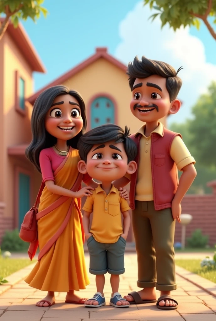 In 3d cartoon animation style "**Ramesh with Proud Parents and Teacher**: A final scene where Ramesh is standing with his proud parents and the supportive teacher outside the school. His parents have tears of joy, and the teacher is smiling with satisfaction. The school building and village background add to the atmosphere of achievement and community pride. "
