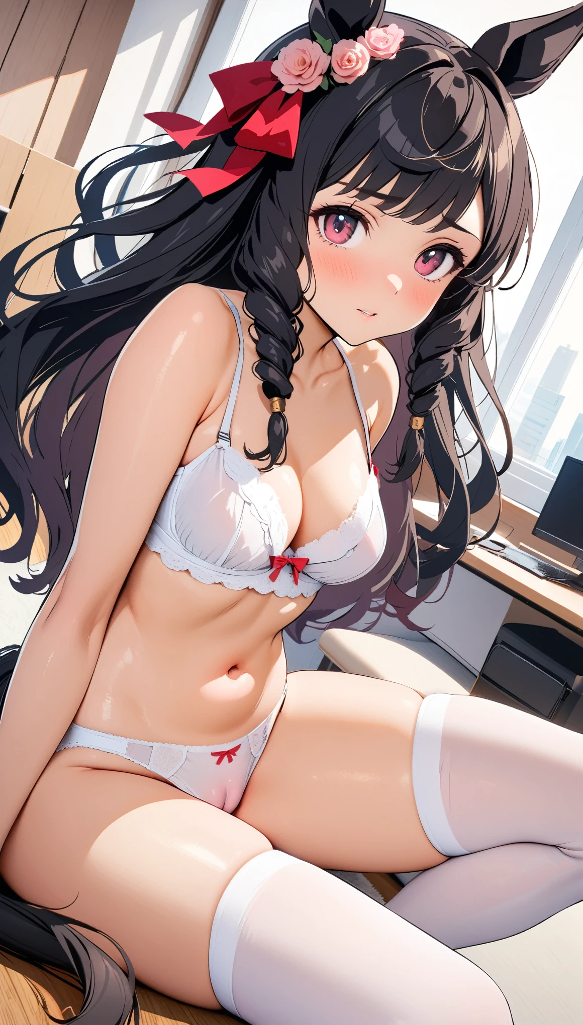 [[One person, Daiichi Ruby, \(umamusume\), umamusume]], Beautiful attention to detail, Close one eye, ((indoor, office, living room), ), Curvy, thin, Small breasts, Flat Chest (Thigh-high socks), (Cleavage) , (Sexy pose), (Seductive pose), (belly button), (indoor, office, living room), (Close-up shot), Dynamic Angle, Highest quality, Very detailed, masterpiece, Ultra-high resolution, 8k, Nipples, Slender body, Small waist, (Horse tail), (panties), (bra), (In underwear), (Flashy underwear), (cameltoe), (lingerie), Black Hair,Long Hair, (large red ribbon on back of head), Hairstyle in vertical rolls